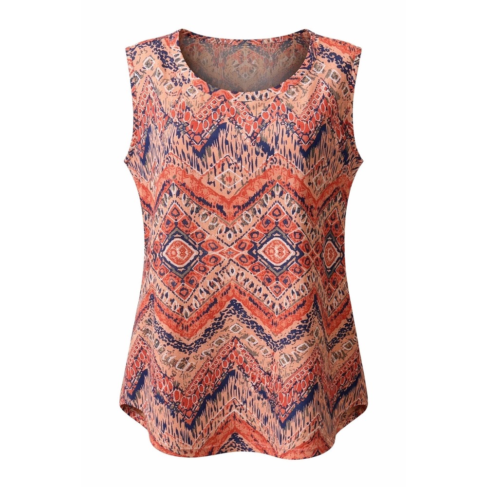 Ofefan Women XL Orange Navy Geometric Tribal Print Scoop Neck Sleeveless Top NWT